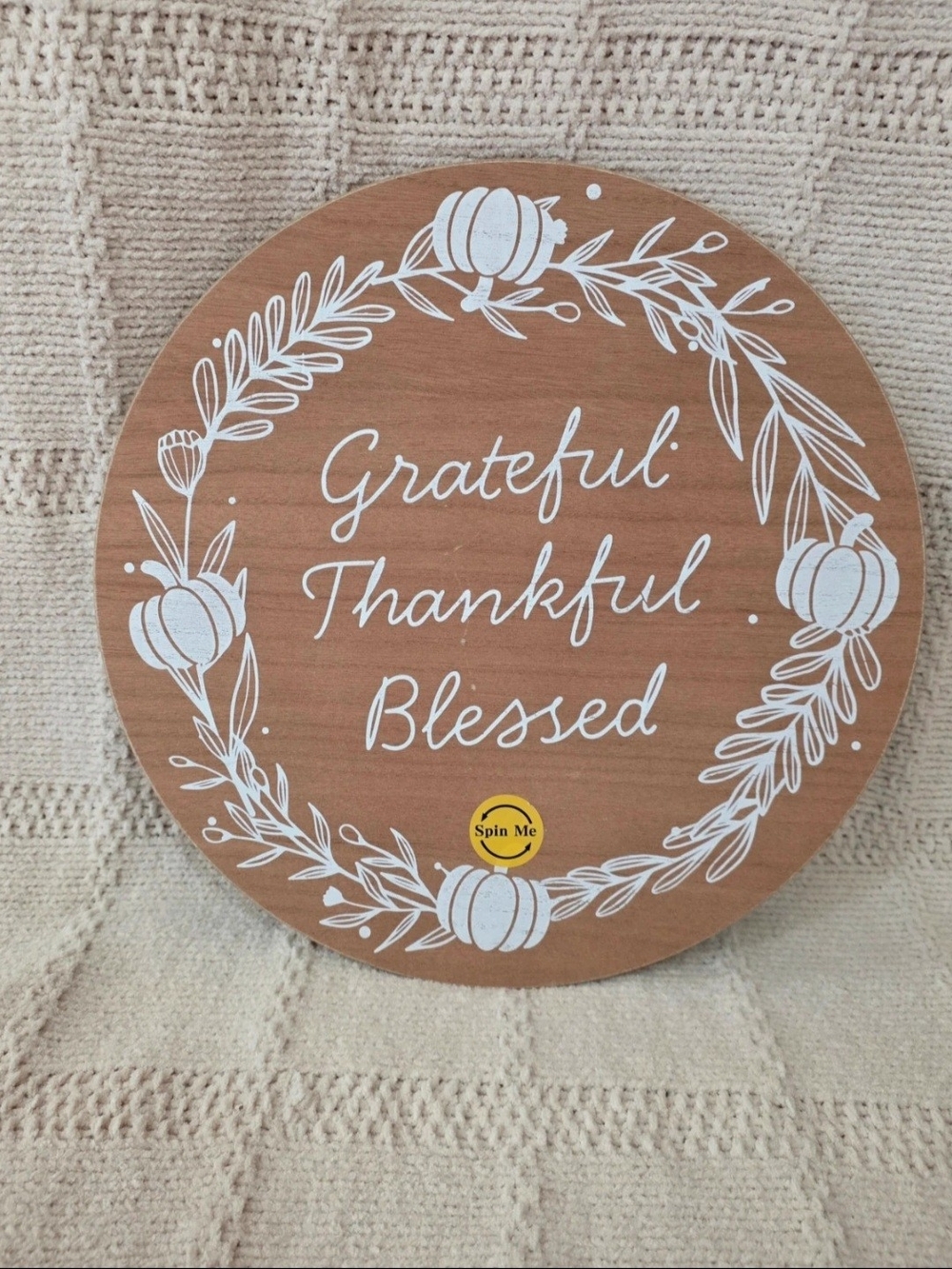 Rustic White Wreath 'Grateful Thankful Blessed' Round Wall Sign